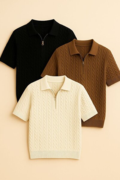 pepule Tricou tricotat cu guler polo pentru bărbați, 3 piese, din bumbac text...