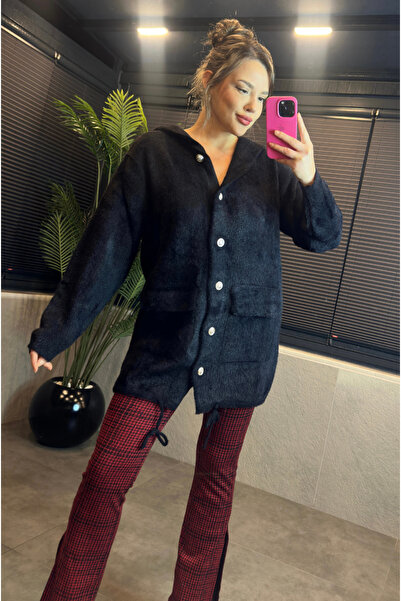 MİR STORE Black Hooded Pocket Detailed Plush Long Cardigan