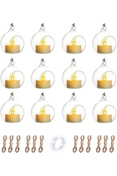 Mado Gallery Hanging Glass Globe Candle Holder Set, 12pcs with Tealights & Tw...