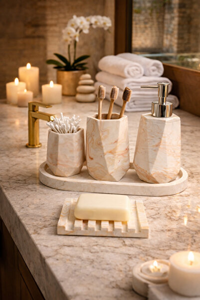 lufen deco Mermer Desenli 5'li Lüks Banyo Seti Sabunluk Dispenser Diş Fırçalı...