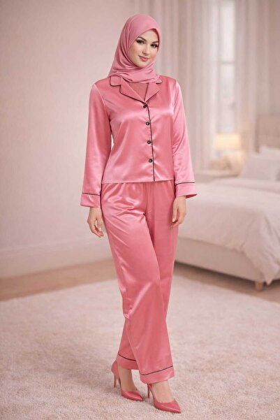 duğmeli uzun kol saten pijama takımı