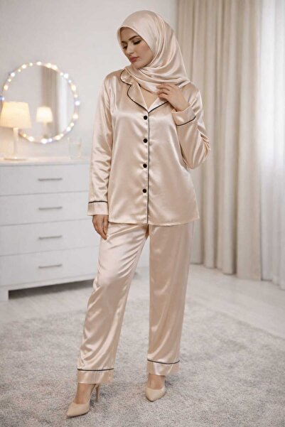 loriyes duğmeli uzun kol saten pijama takımı