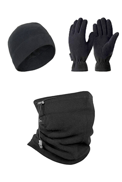 THERMOFORM طقم ياقة صوفية - قبعة - قفازات أسود اللون
