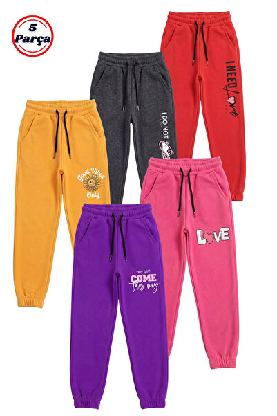 FYK COLLECTİON Girl's 5-Piece Printed Sweatpants Set – Jogger, Elastic Waist