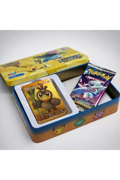 OEM Set of 50 Pokémon Cards, Yellow Metal Collection Box, Rare and Holographi...