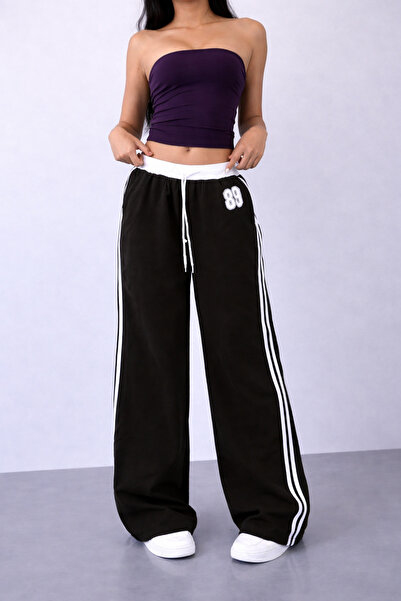 pandy 89 Baskılı Beyaz Kemerli Çift Şeritli Yüksek Bel Kadın Bol Paça Eşofman...