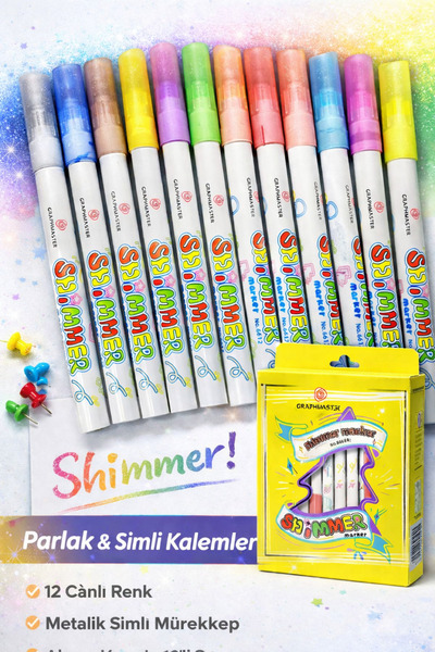 Graphmaster Shimmer Marker – 12’li Simli & Parlak Renkli Keçeli Kalem Seti