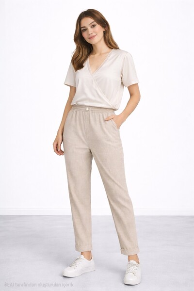 bebekpare Women's Beige Linen Trousers Elastic Waist Comfortable Fit Summer C...