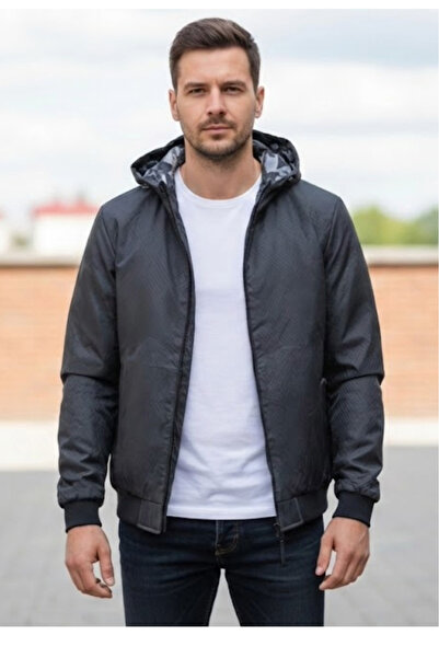 embody Men's jacket with two sides, fixed hood and mountain print/ plain blac...
