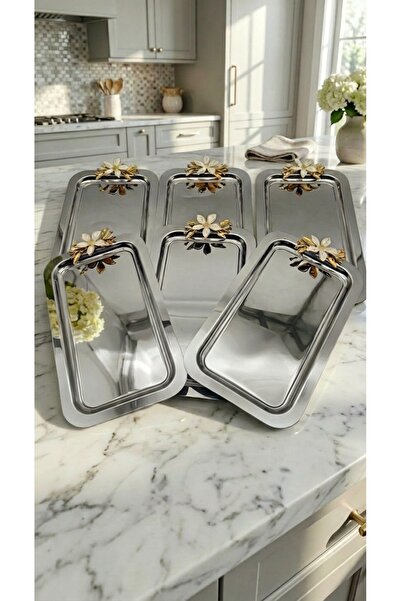 FABRIONA Parlak Gümüş/Gold Renk 6’lı Lüx Papatyalı Baton Tepsi 14x24 cm – Çay...