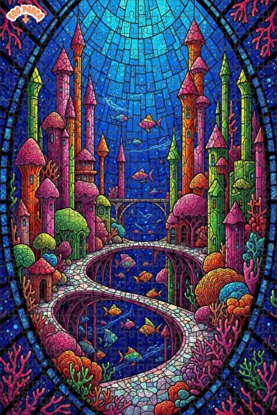 Teona Ahşap لغز خشبي على شكل قلعة حورية البحر بمظهر فسيفسائي 500 قطعة 50×30