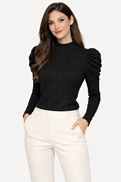 bebekpare Women's Black Waffle Textured Half Turtleneck Shoulder Gathered Blouse