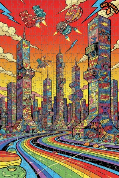 Teona Ahşap Çizgi Roman Şehri Renkli Gökyüzü Dondurma Araba Çift Katlı Çerçev...