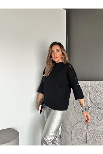 Zerrincan Giyim Siyah Kare Taşlı Premium Kazak