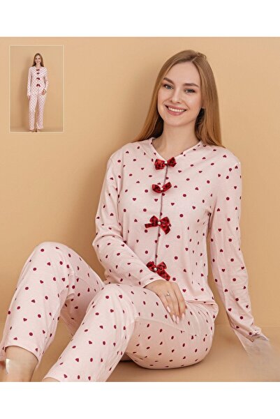 Eta Collection Kadın Kalpli Desenli Fiyonk Detaylı Uzun Kollu Pijama Takımı –...