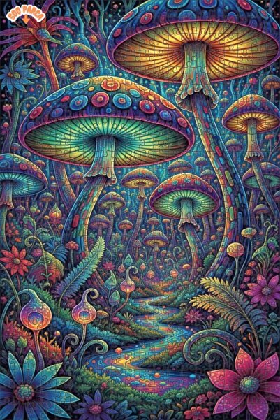 Teona Ahşap لغز خشبي بتصميم غابة الفطر السحرية مع مشهد مائي 500 قطعة 50×30