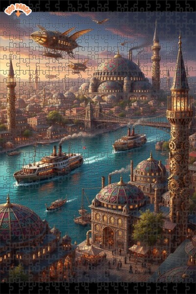 Teona Ahşap Steampunk İstanbul Manzaralı Yağlı Boya Görünümlü Çift Katlı Çerç...