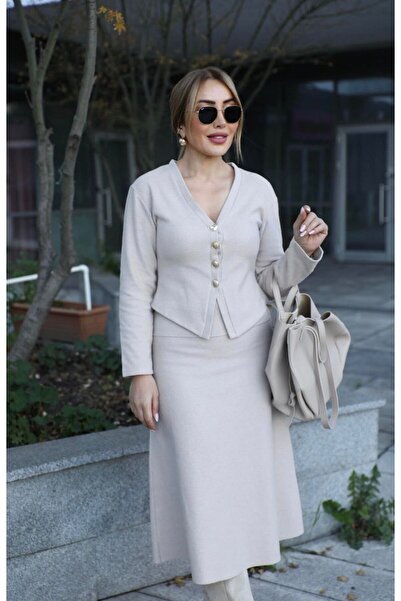 Vinales Gold Buttoned V-Neck Midi Skirt Cardigan Set