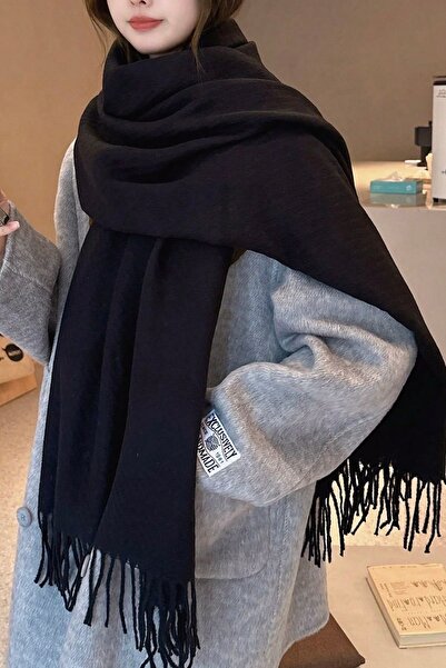 stravis Μαύρο κασκόλ ώμου με μαλακή υφή με φούντες