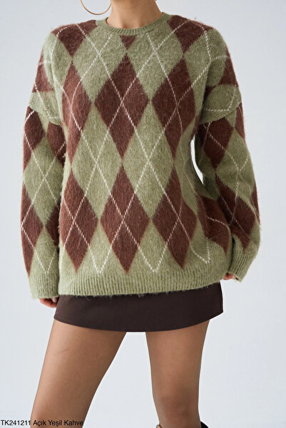 Myra Baklava Pattern Long Sweater-Green/Brown