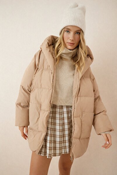 İpli Women - Oversized Beige Color Waterproof, Windproof Hooded Coat