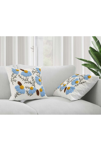 Şah Dekor Bohemian Boho Daisy Themed Blue Color 3D Digital Printed Gift 2-Pie...