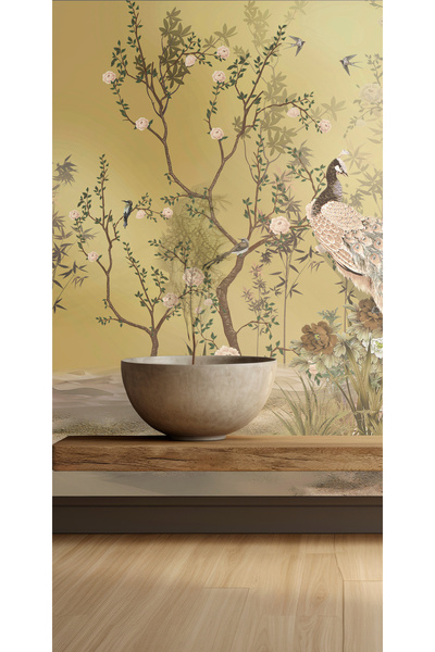 Tasarım Altın Tonlu Tavus Kuşu Chinoiserie Duvar Kağıdı Poster – Ağaç Dallı S...