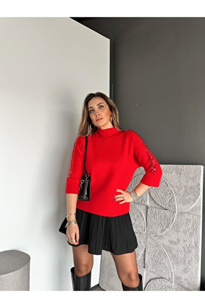 Zerrincan Giyim Kırmızı Kare Taşlı Premium Kazak