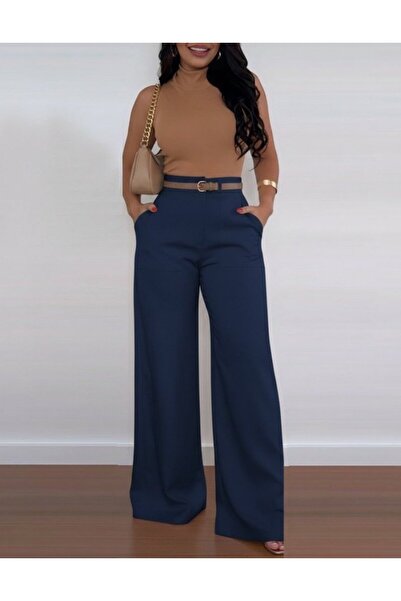 JANES Γυναικείο εισαγόμενο παντελόνι κρεπ με ψηλόμεσο φαρδύ πόδι με λεπτομέρε...