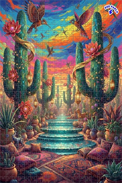 Teona Ahşap Bohem Vahşi Kaktüs Rüyası Yağlı Boya Görünümlü Ahşap Puzzle 600 P...