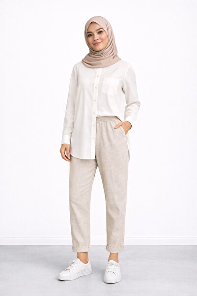 bebekpare Women's Beige Linen Trousers with Elastic Waist and Pockets, Comfor...