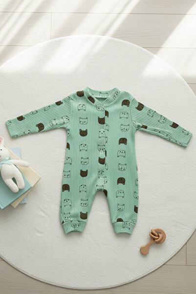 pelossi Teddy Bear Patterned Baby Romper Cotton Snap Fastener Baby Romper - B...