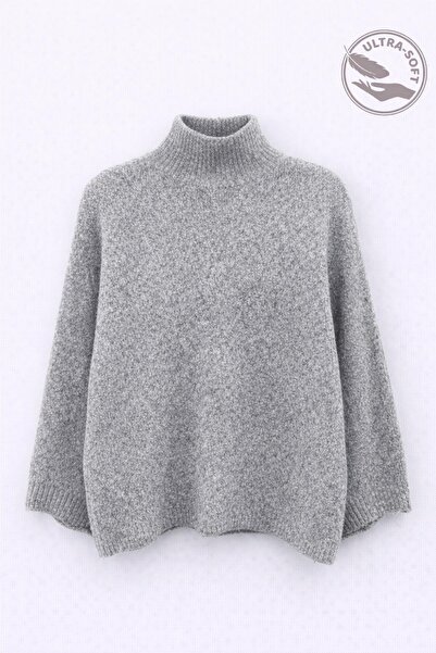 Mixray 6998 Women's Batwing Sleeve Wool Blend Turtleneck Knit Sweater Gray