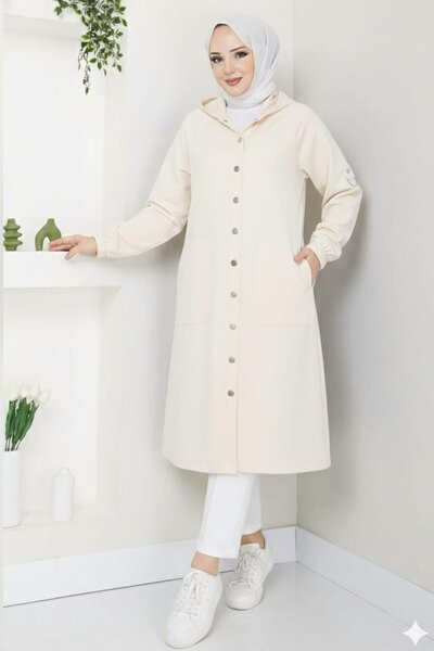 Tesettür Diyarı Torino Fabric Buttoned Hooded Trench Coat - Beige
