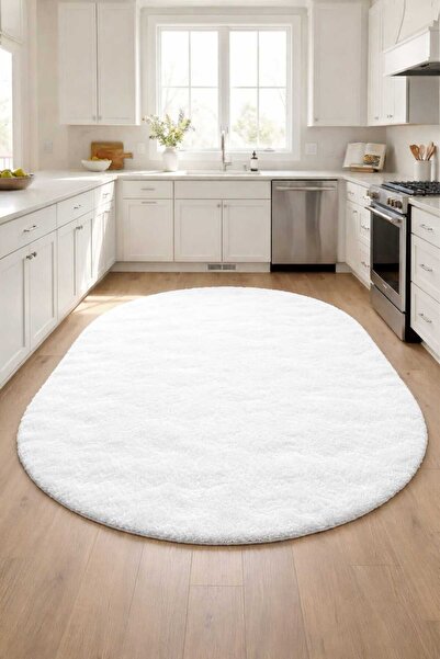Evrimax Peluş Halı Yeni Model Elips Beyaz Mutfak Halısı Özel Seri Kaymaz Taba...