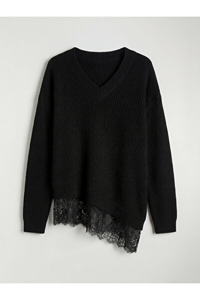 LC Waikiki Black V-Neck Lace Detailed Women's Knitwear Sweater