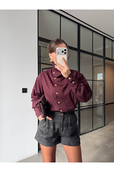 BB Bensu Buyruk DİK YAKALI DÜĞMELİ POPLİN GÖMLEK MÜRDÜM