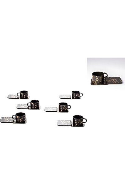 ANGMAD Set 6 cesti si farfurioare – portelan premium 90ml, negru-auriu, pentr...