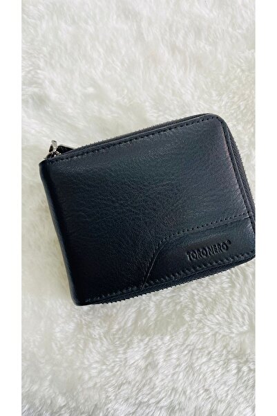 BLACK Men's Horizontal Leather Wallet with Zipper