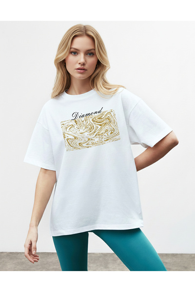 caddekombin Γυναικείο μπλουζάκι με λαιμόκοψη με τύπωμα με λάμψη μεταλλικού ασημί