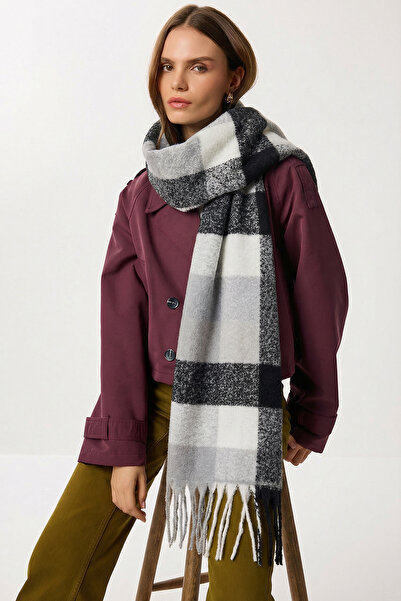 Lovelyİstanbul Patterned Tasseled Soft Scarf Lgn0003 Gray Black