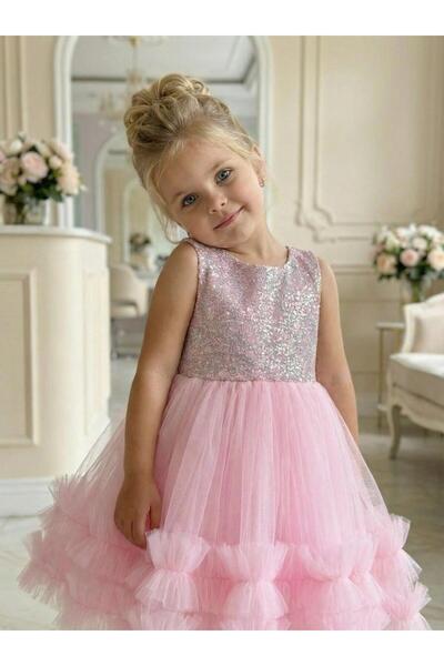BUTİKHAPPYKİDS Kız Çocuk Pembe Payetli Volanlı Tüllü Prenses Abiye Elbise 1-5 Yaş
