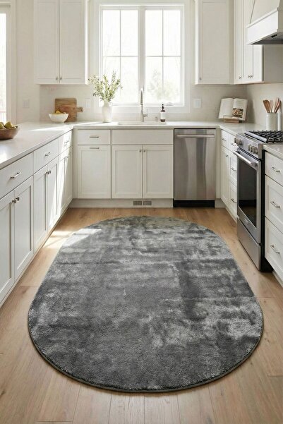 Evrimax Peluş Halı Yeni Model Elips Koyu Gri Mutfak Halısı Özel Seri Kaymaz T...