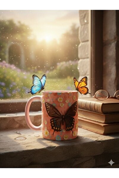 Viyalente 300 ml Pink Butterfly Concept Porcelain Mug, Machine Washable