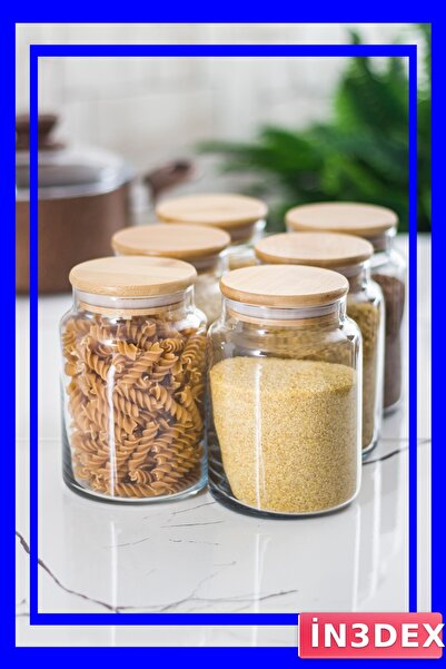 İN3DEX وعاء تخزين زجاجي مفرغ الهواء بغطاء من الخيزران سعة 800 مل، مجموعة من 6...