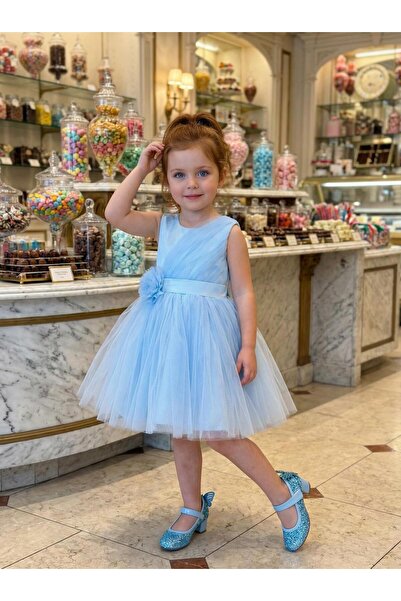 BUTİKHAPPYKİDS Girl's Blue Flounced Tulle Evening Dress with Floral Detail 1-...