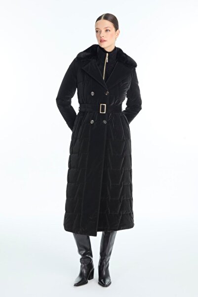 Zühre Women's Fur Collar Belt Detailed Black Coat 13862