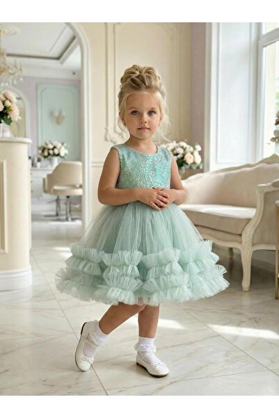 BUTİKHAPPYKİDS Rochie de seară prințesă din tul cu paiete verzi pentru fetiță...