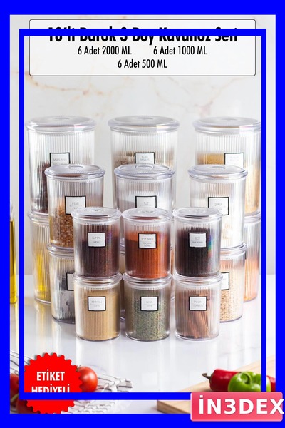 İN3DEX طقم برطمانات شفافة 18 قطعة بسعة 500 مل و1000 مل و2000 مل