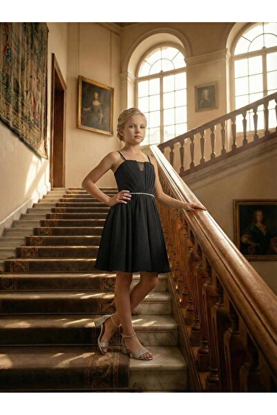 BUTİKHAPPYKİDS Girl's Black Crepe Strap Stone Detailed Elegant Evening Dress ...